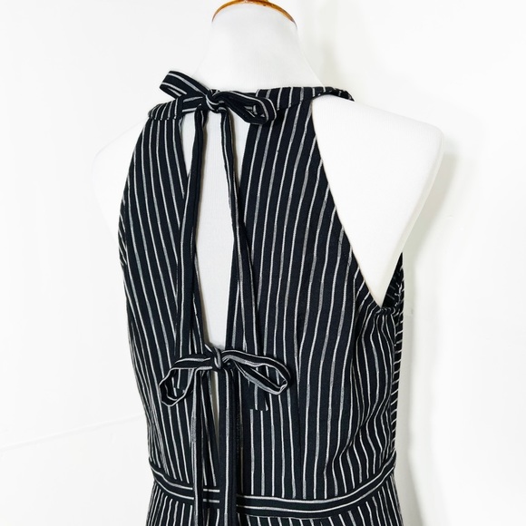 Skies Are Blue Tie Back Black White Striped Pinafore Flare Leg Cropped Jumpsuit - Picture 5 of 16